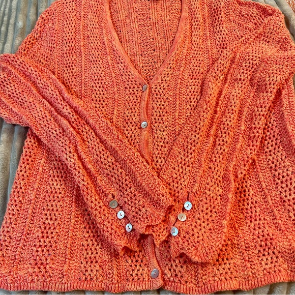 🏷️Sundance Leiela Pointelle Cardigan Sweater Coral Pink Cotton Modal Large 🏷️ - Picture 4 of 9